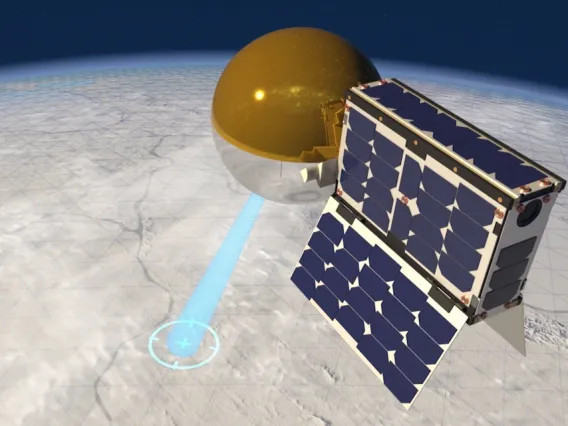 Artist's impression of CatSat with its antenna inflated in orbit around Earth.