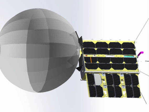 A 3D rendering of CatSat with the inflatable antenna deployed